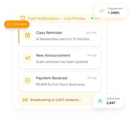 Push notification dashboard with live alerts, class reminders, announcements, and 
engagement stats.